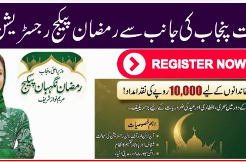 Banner of the Punjab Government's Ramadan Nigehban Package featuring Maryam Nawaz Sharif, providing details on the 10,000 rupee cash aid and pser online registration ramzan program for deserving families.