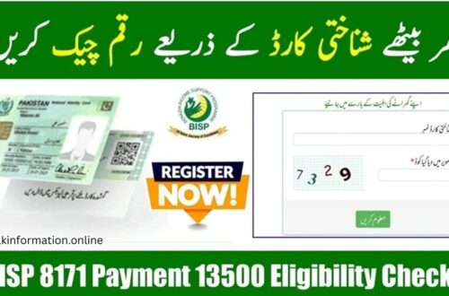 An informational banner for the BISP 8171 Eligibility Check showing a Pakistani CNIC, the official BISP logo, and a mock-up of an online portal to check the 13,500 PKR payment status.