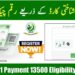 An informational banner for the BISP 8171 Eligibility Check showing a Pakistani CNIC, the official BISP logo, and a mock-up of an online portal to check the 13,500 PKR payment status.