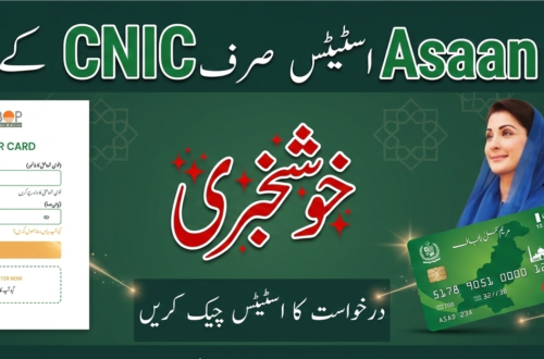 Informational portal banner to check asaan karobar card application status online using CNIC, featuring CM Maryam Nawaz Sharif, Nawaz Sharif, and a mockup of the green Punjab Asaan Card.