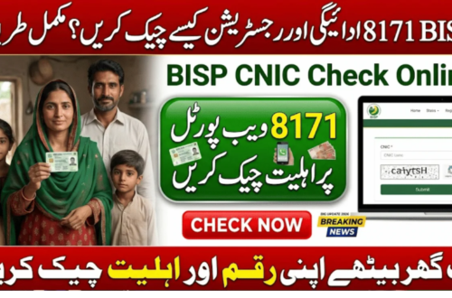 An informational thumbnail for 8171 Check Online CNIC 2026, featuring a rural Pakistani family, a digital mockup of the BISP web portal on a laptop, and Urdu text explaining how to check payment and registration status