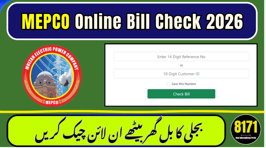 Informational banner for MEPCO Online Bill Check 2026, featuring the Multan Electric Power Company logo, a digital portal mockup with fields for 14-digit reference numbers and 10-digit customer IDs, and the 8171 portal seal.