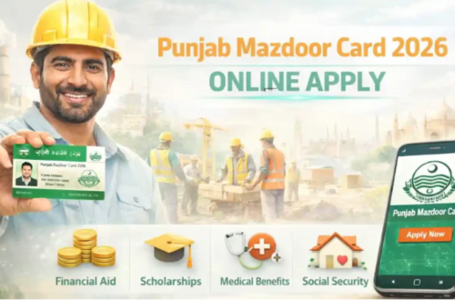 An official informational poster for the mazdoor card online apply portal 2026, showing a laborer holding the green Punjab Mazdoor Card alongside the PESSI and Bank of Punjab logos.