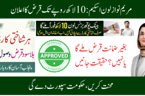 An official informational banner for the maryam nawaz loan scheme in Punjab, featuring a portrait of CM Maryam Nawaz Sharif, images of Pakistani CNICs, a green 'APPROVED' seal, and Urdu text announcing interest-free business loans up to 10 lakh rupees.